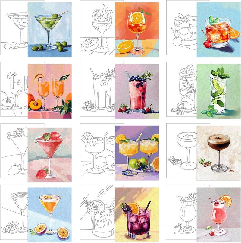 Affrolling 12 Pcs Pre Drawn Canvas for Painting for Adults 8 x 8 Inch Canvas Painting Kits Stretched with Drawing Ready to Paint Beginner Artists Date Night Party Supplies (Cocktail) - Image 1
